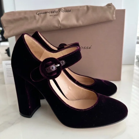 Gianvito Rossi Burgundy Velvet Mary Jane Pumps Heels - Picture 6 of 9